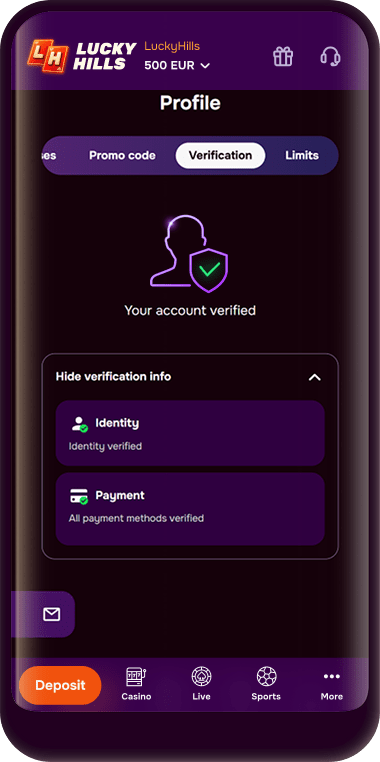 Account verification on Lucky Hills online casino in Australia